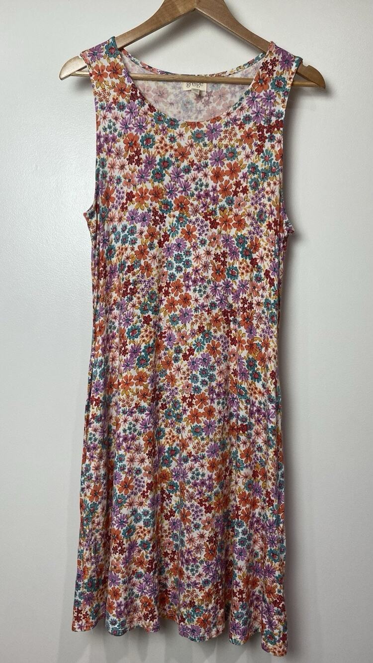 Greige Women's Sz Medium Sleeveless Floral Dress Scoop Neck Boho Festival Hippie